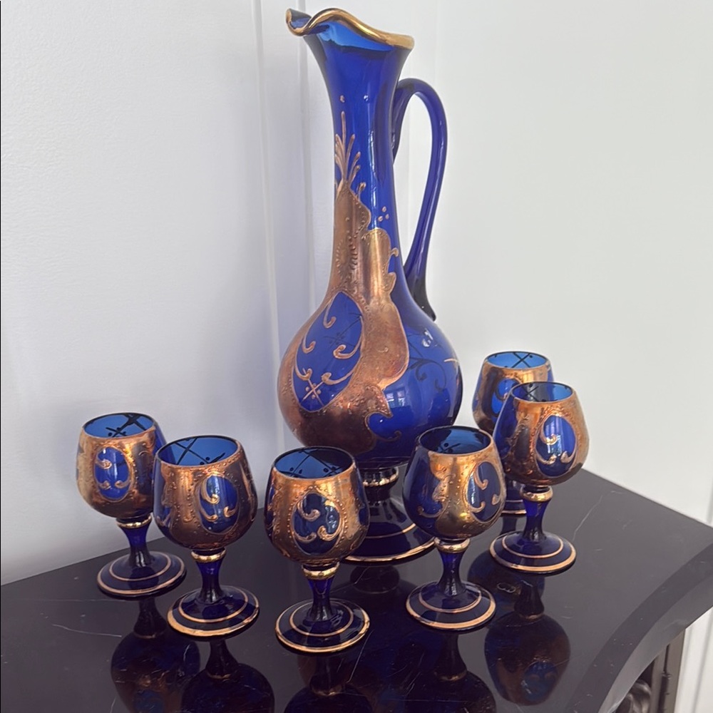 Elegant Blue and Gold Glass Decanter Set